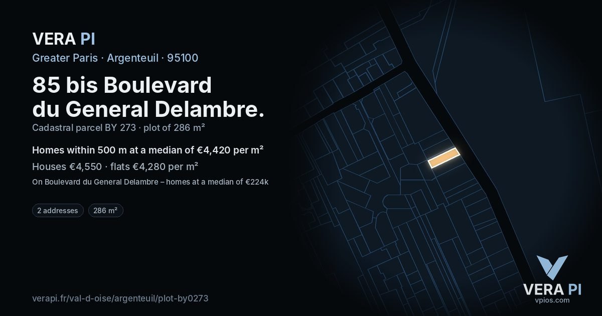 85 bis Boulevard du General Delambre, Argenteuil at night – the plot lit, the parcels around coloured by the prices near them