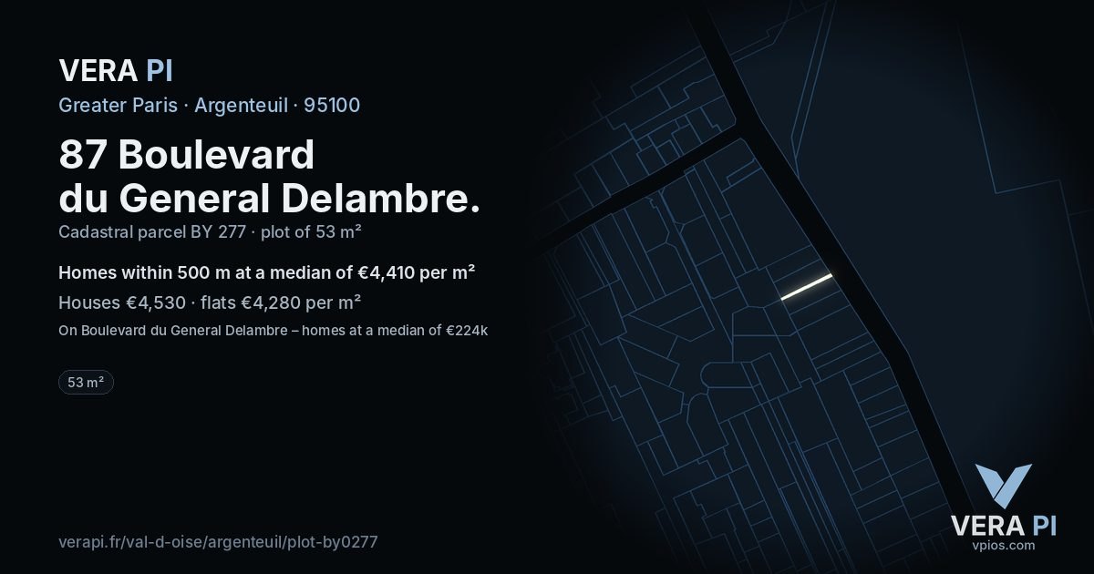 87 Boulevard du General Delambre, Argenteuil at night – the plot lit, the parcels around coloured by the prices near them