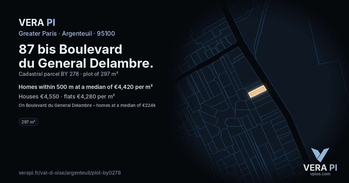 87 bis Boulevard du General Delambre, Argenteuil at night – the plot lit, the parcels around coloured by the prices near them