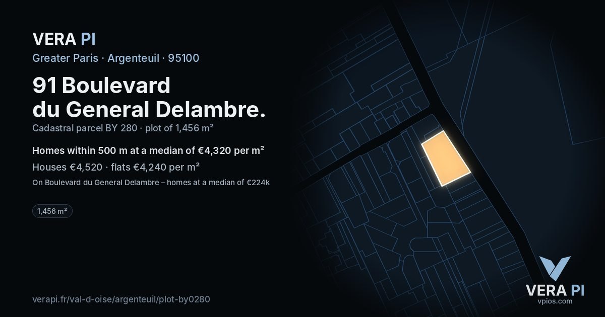 91 Boulevard du General Delambre, Argenteuil at night – the plot lit, the parcels around coloured by the prices near them