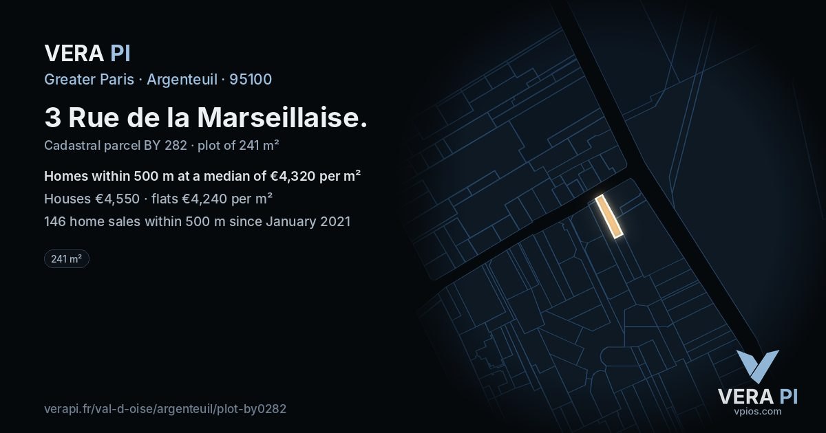 3 Rue de la Marseillaise, Argenteuil at night – the plot lit, the parcels around coloured by the prices near them