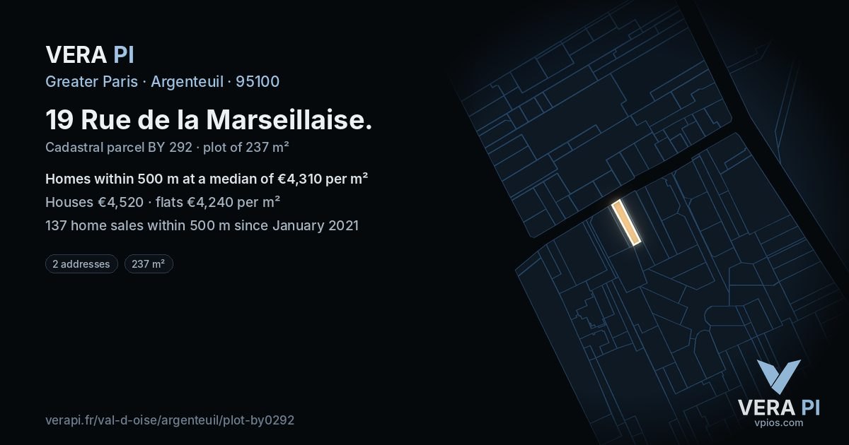 19 Rue de la Marseillaise, Argenteuil at night – the plot lit, the parcels around coloured by the prices near them