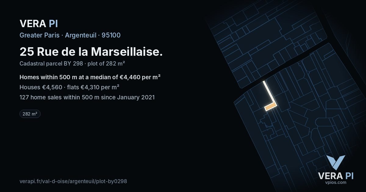 25 Rue de la Marseillaise, Argenteuil at night – the plot lit, the parcels around coloured by the prices near them