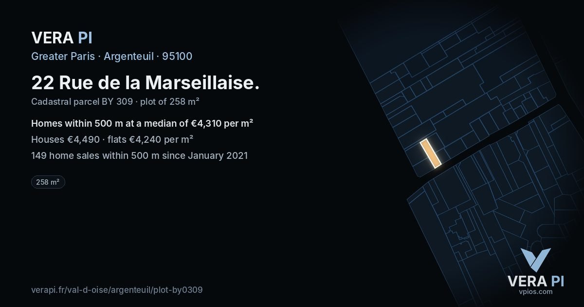 22 Rue de la Marseillaise, Argenteuil at night – the plot lit, the parcels around coloured by the prices near them