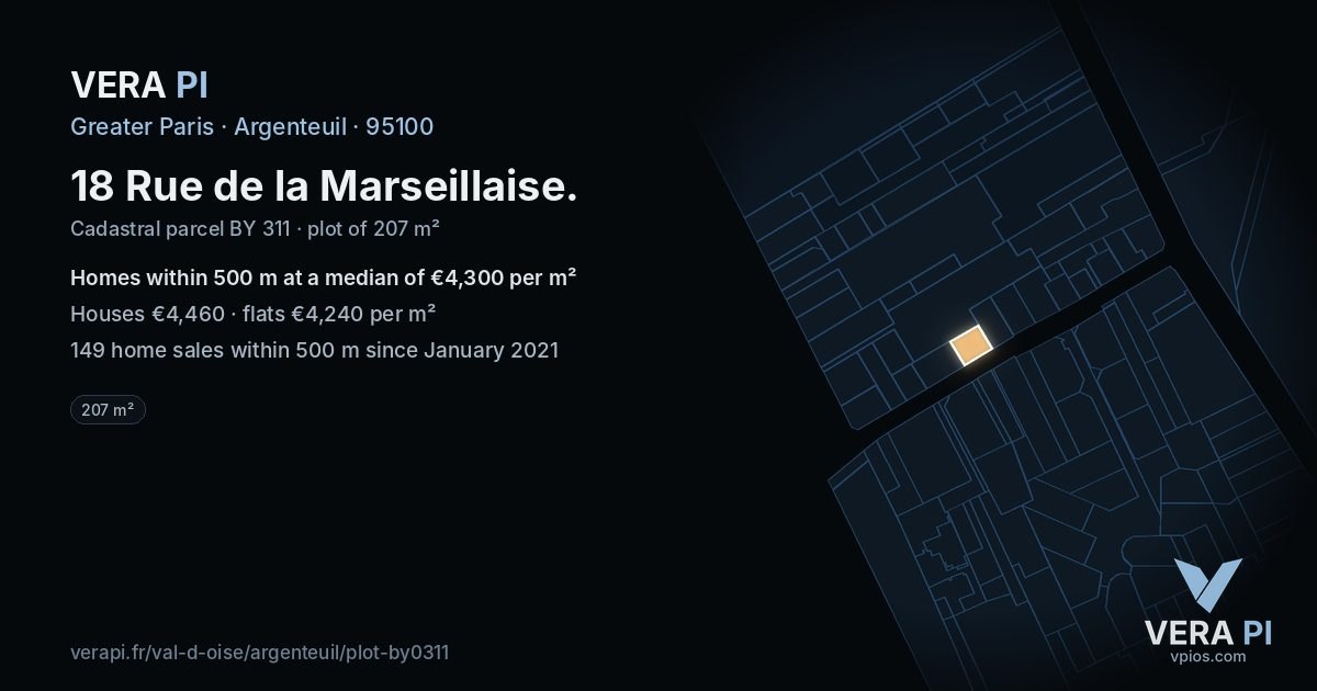 18 Rue de la Marseillaise, Argenteuil at night – the plot lit, the parcels around coloured by the prices near them