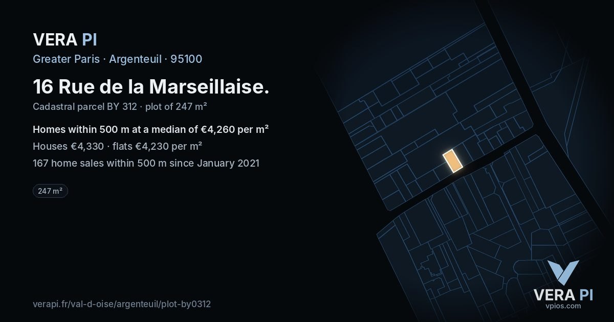 16 Rue de la Marseillaise, Argenteuil at night – the plot lit, the parcels around coloured by the prices near them