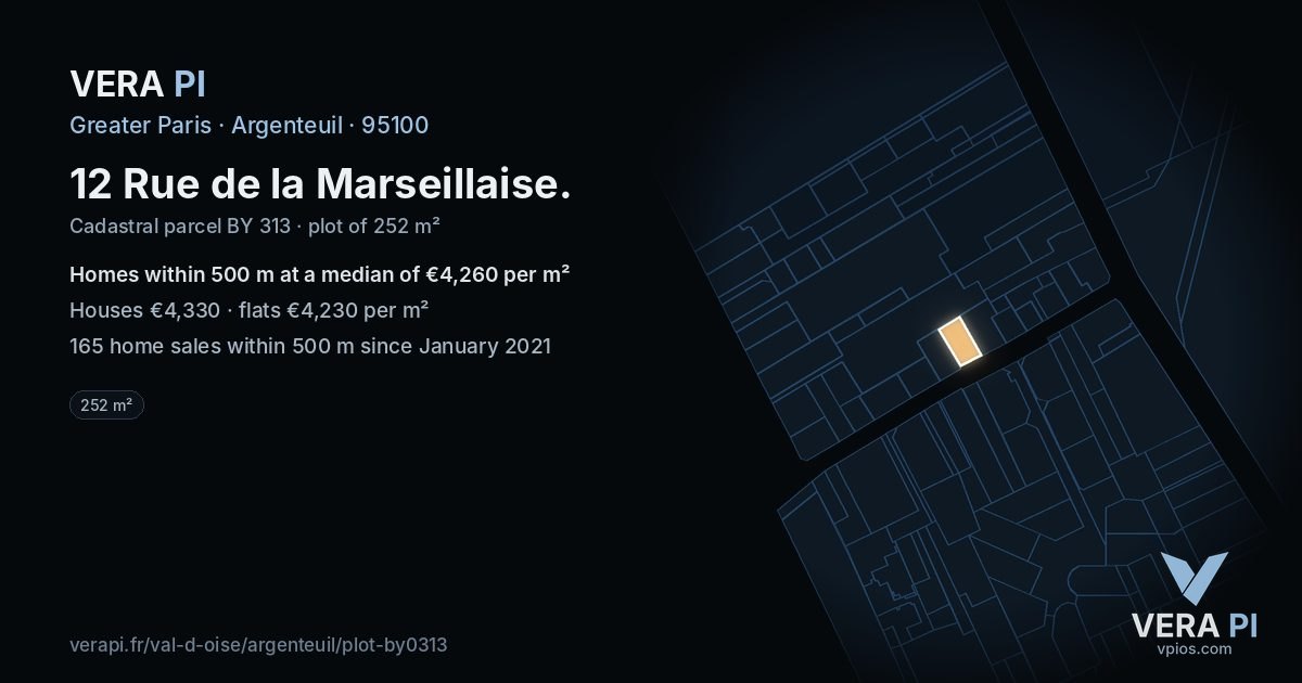 12 Rue de la Marseillaise, Argenteuil at night – the plot lit, the parcels around coloured by the prices near them