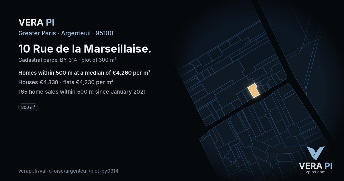 10 Rue de la Marseillaise, Argenteuil at night – the plot lit, the parcels around coloured by the prices near them