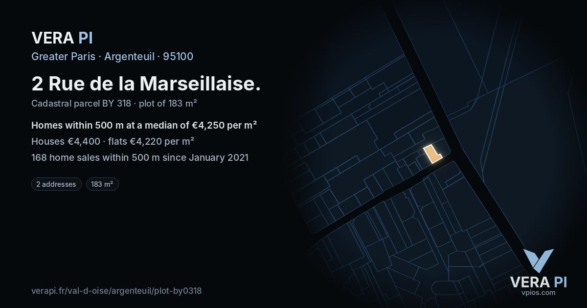 2 Rue de la Marseillaise, Argenteuil at night – the plot lit, the parcels around coloured by the prices near them