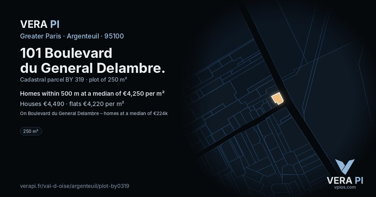 101 Boulevard du General Delambre, Argenteuil at night – the plot lit, the parcels around coloured by the prices near them