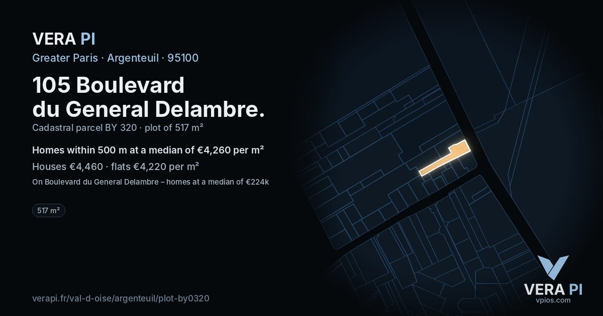 105 Boulevard du General Delambre, Argenteuil at night – the plot lit, the parcels around coloured by the prices near them
