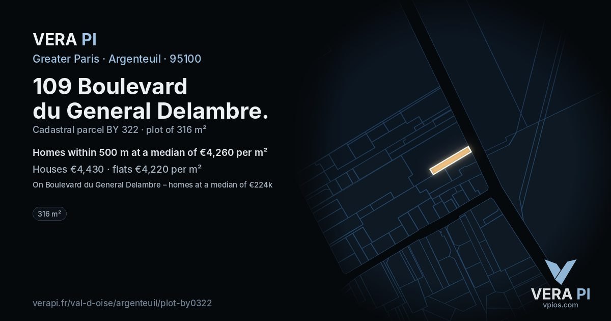 109 Boulevard du General Delambre, Argenteuil at night – the plot lit, the parcels around coloured by the prices near them
