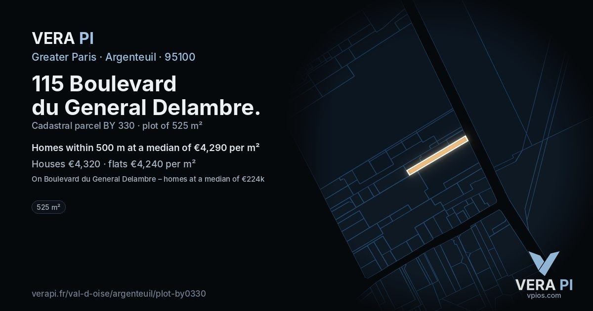 115 Boulevard du General Delambre, Argenteuil at night – the plot lit, the parcels around coloured by the prices near them