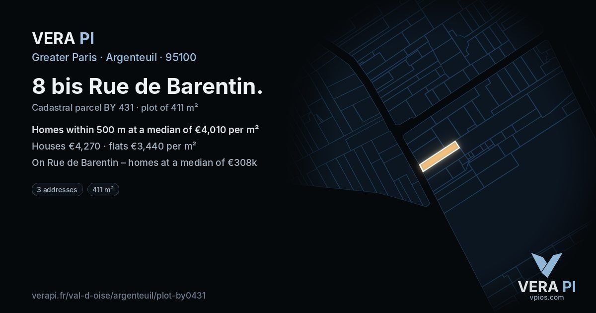 8 bis Rue de Barentin, Argenteuil at night – the plot lit, the parcels around coloured by the prices near them