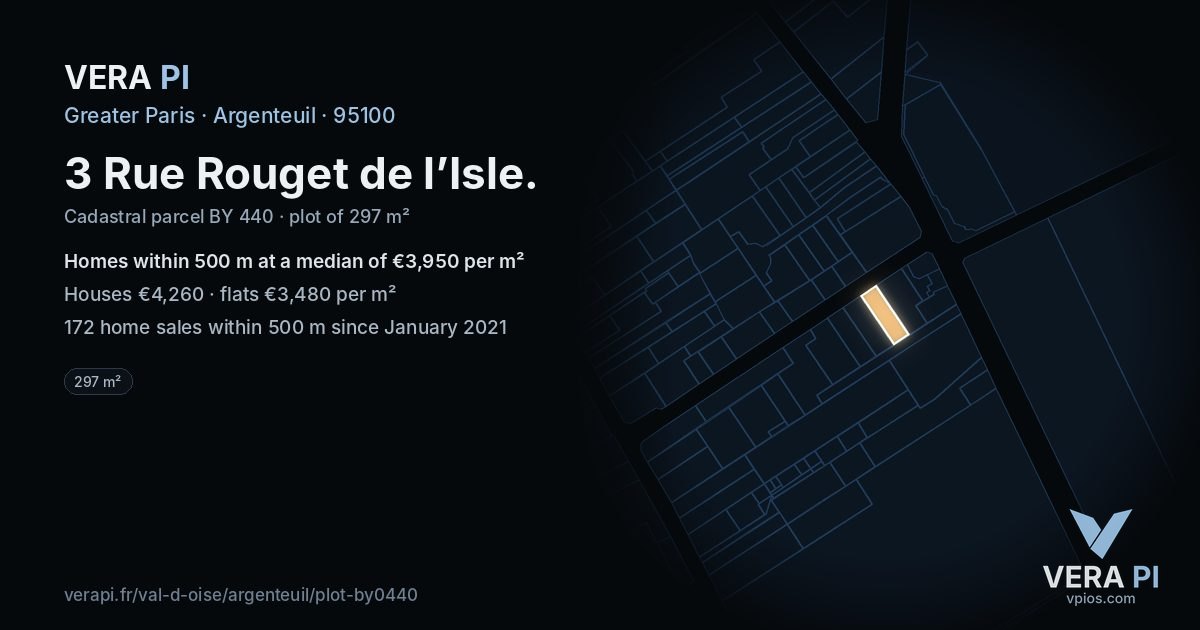 3 Rue Rouget de l’Isle, Argenteuil at night – the plot lit, the parcels around coloured by the prices near them