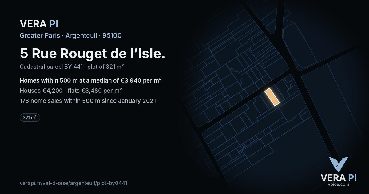 5 Rue Rouget de l’Isle, Argenteuil at night – the plot lit, the parcels around coloured by the prices near them