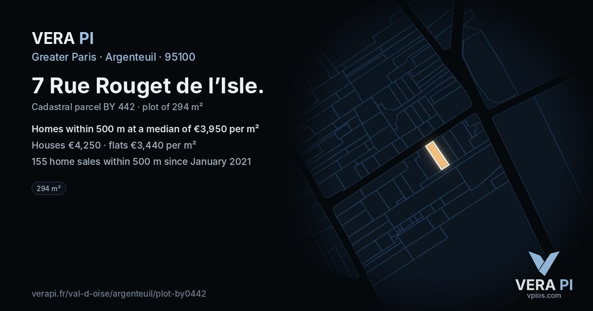 7 Rue Rouget de l’Isle, Argenteuil at night – the plot lit, the parcels around coloured by the prices near them