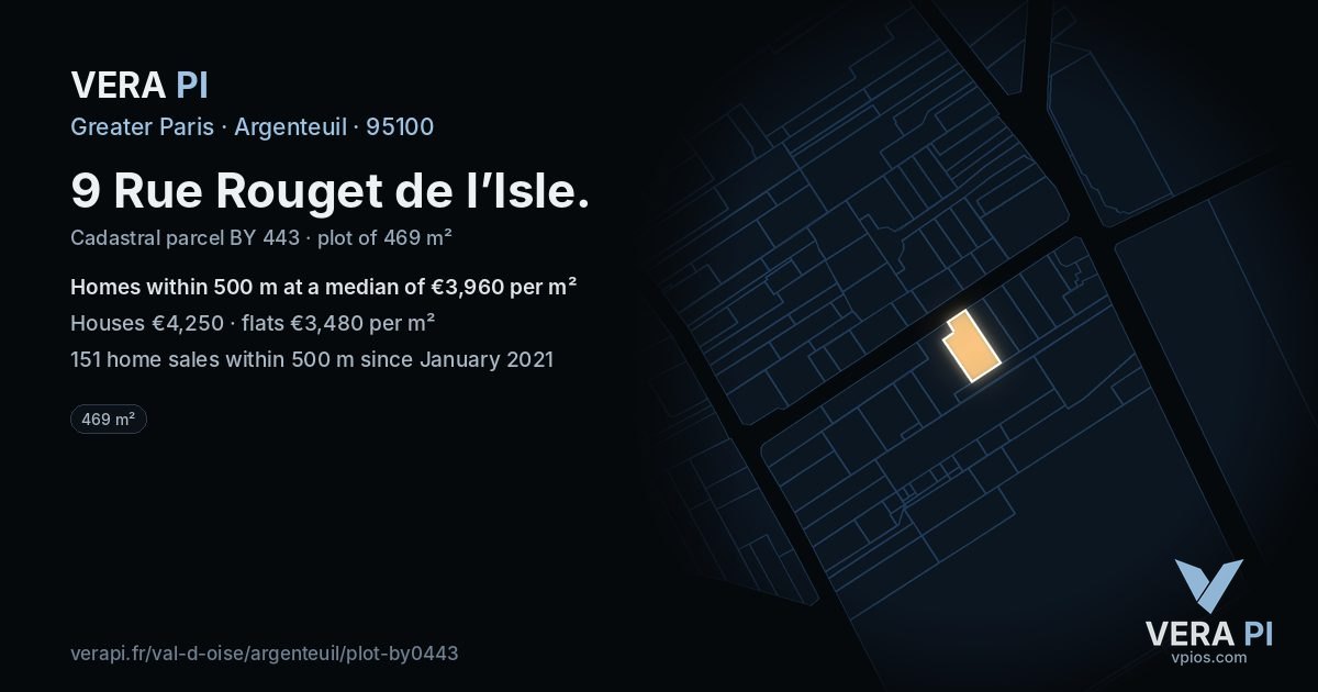 9 Rue Rouget de l’Isle, Argenteuil at night – the plot lit, the parcels around coloured by the prices near them