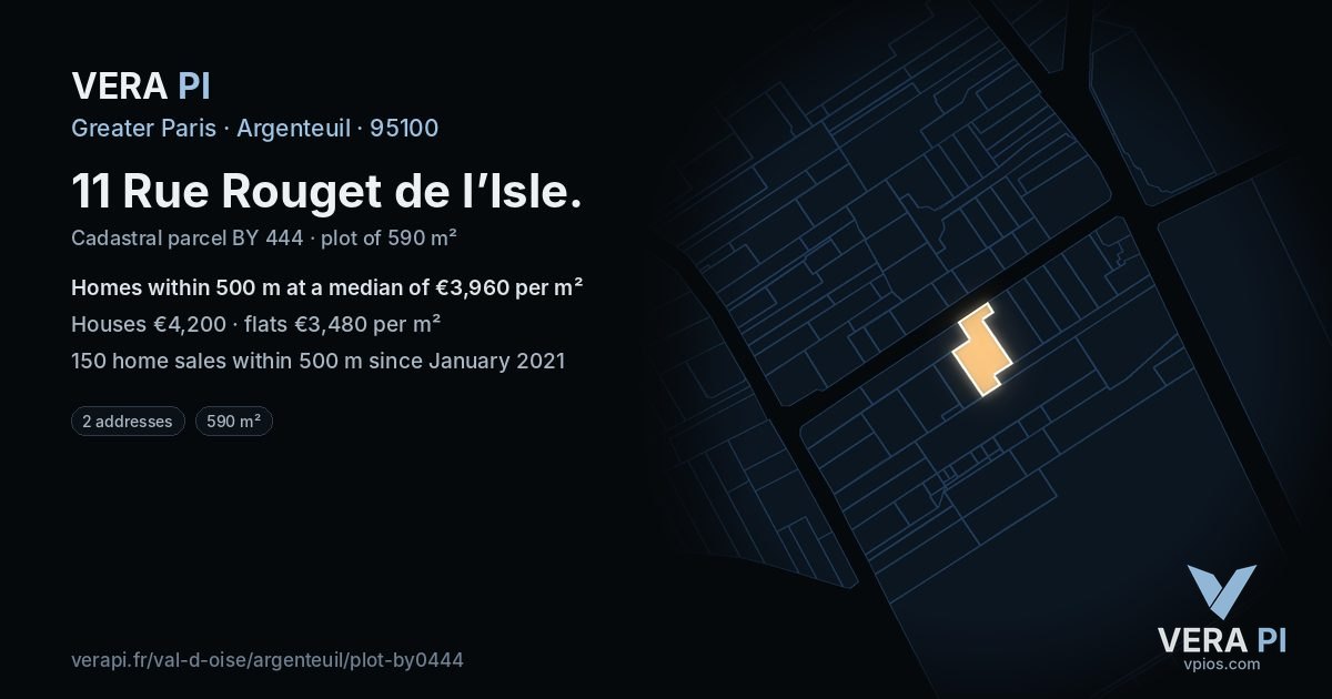 11 Rue Rouget de l’Isle, Argenteuil at night – the plot lit, the parcels around coloured by the prices near them