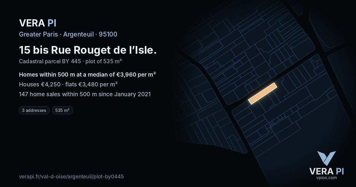 15 bis Rue Rouget de l’Isle, Argenteuil at night – the plot lit, the parcels around coloured by the prices near them