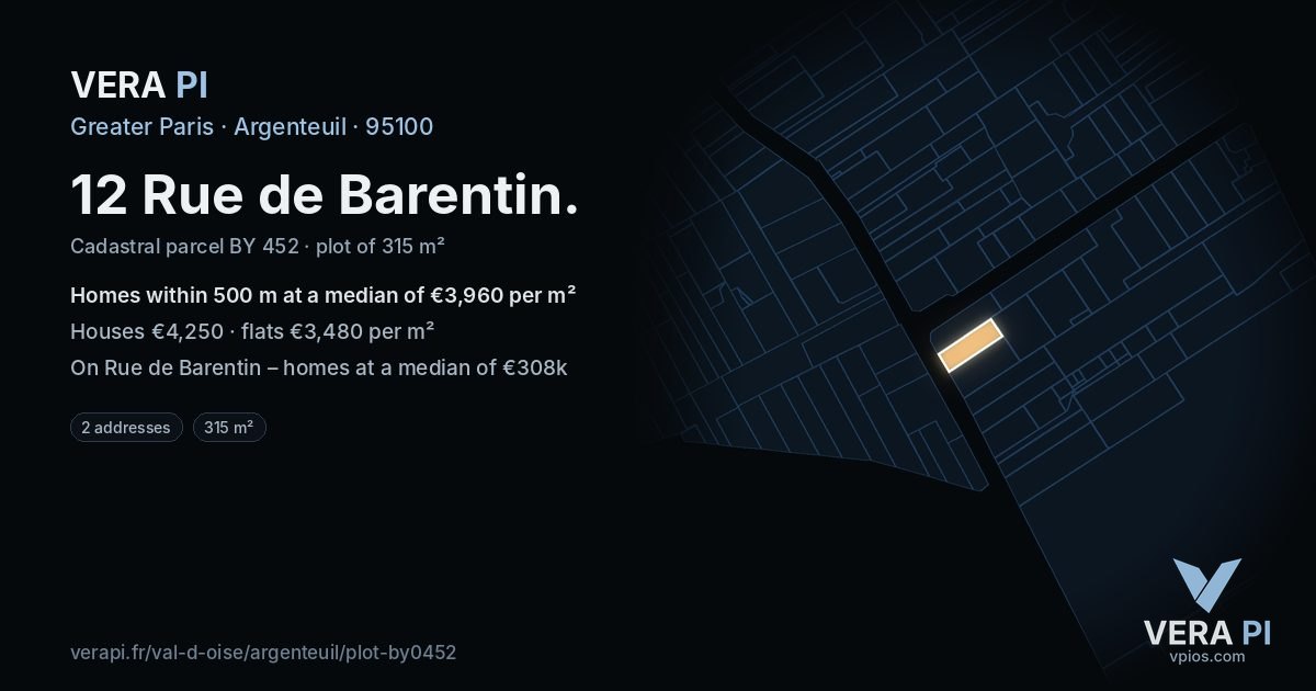 12 Rue de Barentin, Argenteuil at night – the plot lit, the parcels around coloured by the prices near them