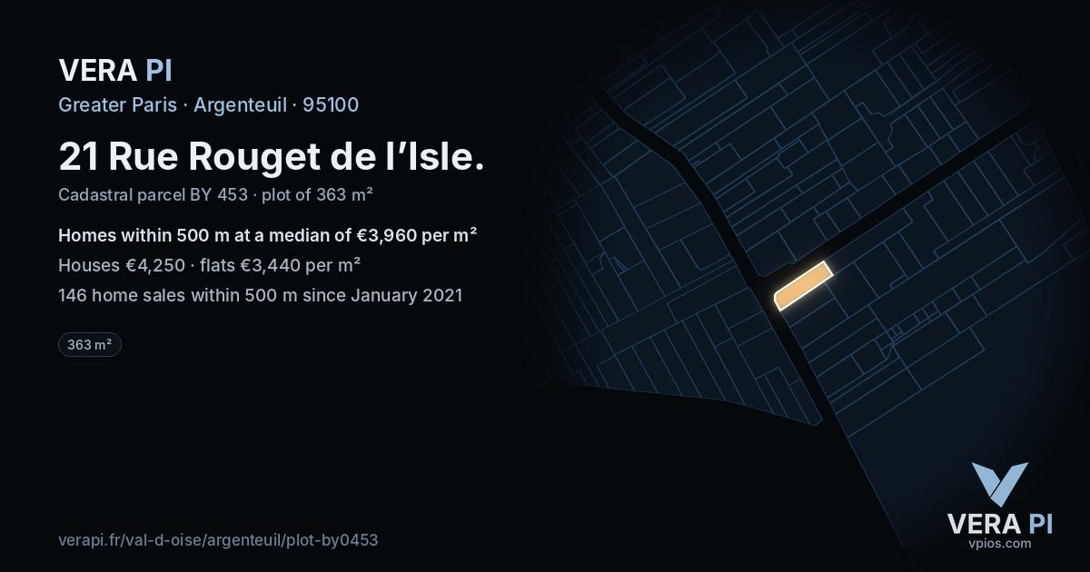 21 Rue Rouget de l’Isle, Argenteuil at night – the plot lit, the parcels around coloured by the prices near them