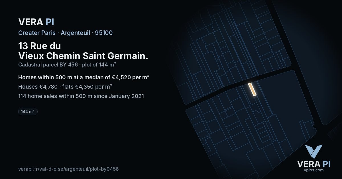 13 Rue du Vieux Chemin Saint Germain, Argenteuil at night – the plot lit, the parcels around coloured by the prices near them