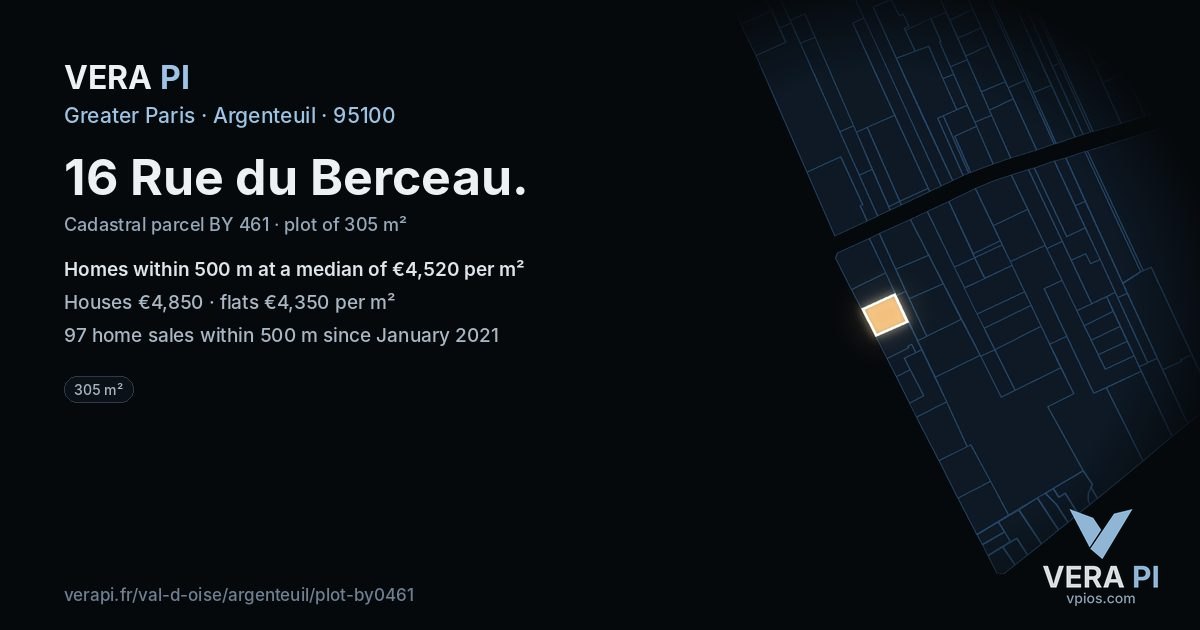16 Rue du Berceau, Argenteuil at night – the plot lit, the parcels around coloured by the prices near them