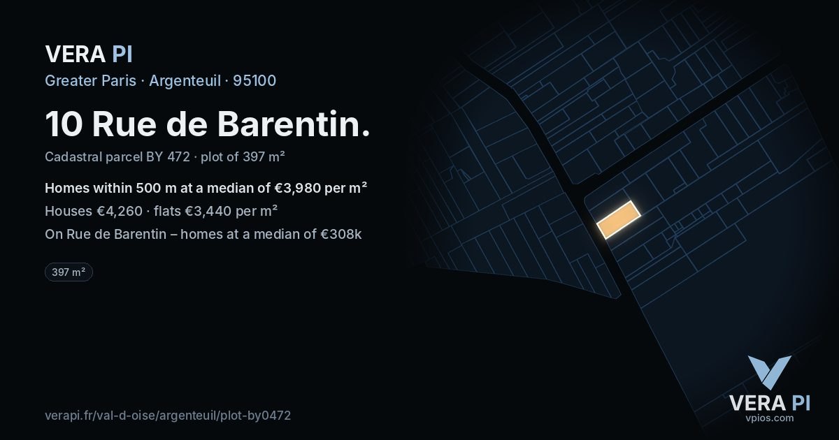 10 Rue de Barentin, Argenteuil at night – the plot lit, the parcels around coloured by the prices near them