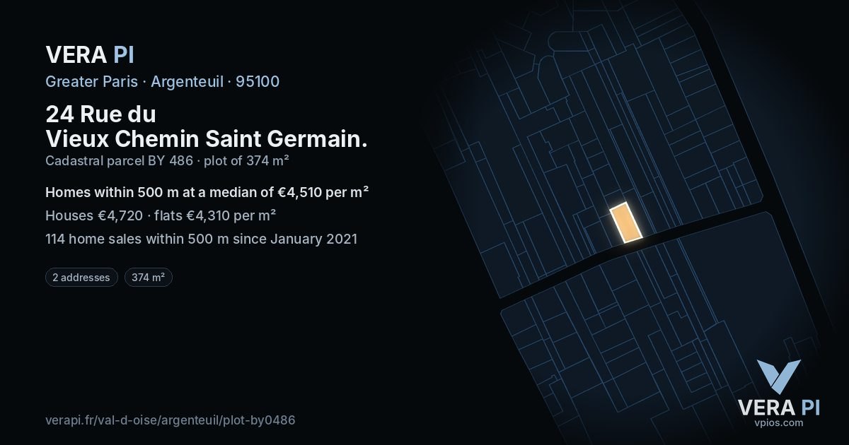 24 Rue du Vieux Chemin Saint Germain, Argenteuil at night – the plot lit, the parcels around coloured by the prices near them