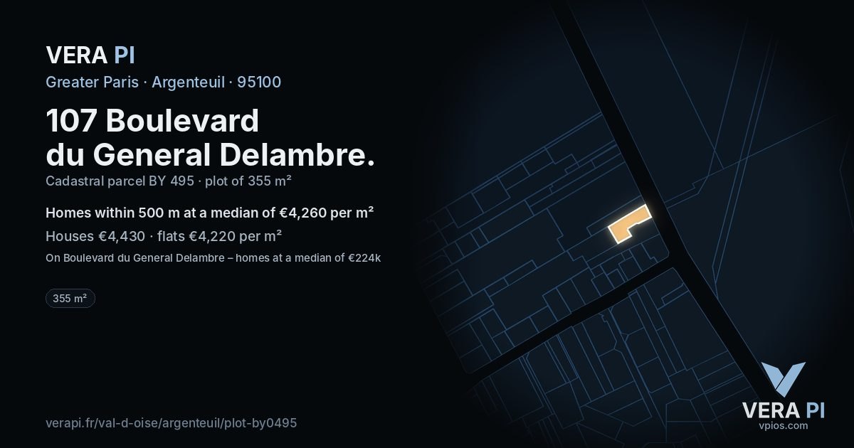 107 Boulevard du General Delambre, Argenteuil at night – the plot lit, the parcels around coloured by the prices near them