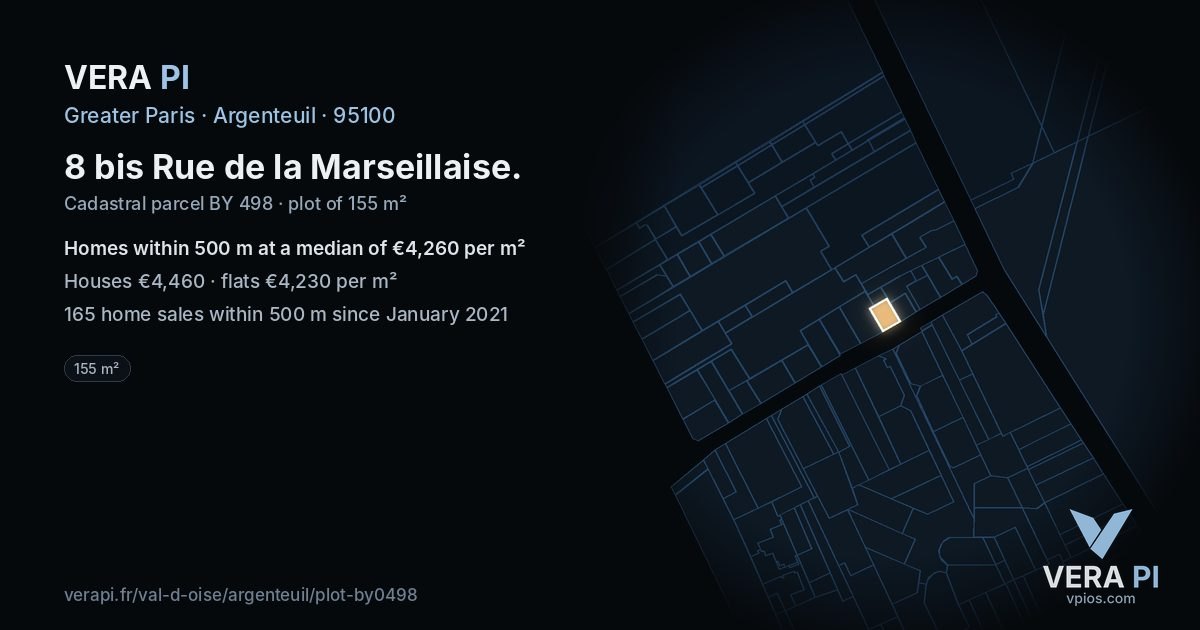 8 bis Rue de la Marseillaise, Argenteuil at night – the plot lit, the parcels around coloured by the prices near them