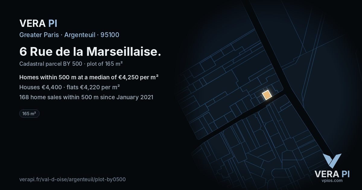 6 Rue de la Marseillaise, Argenteuil at night – the plot lit, the parcels around coloured by the prices near them