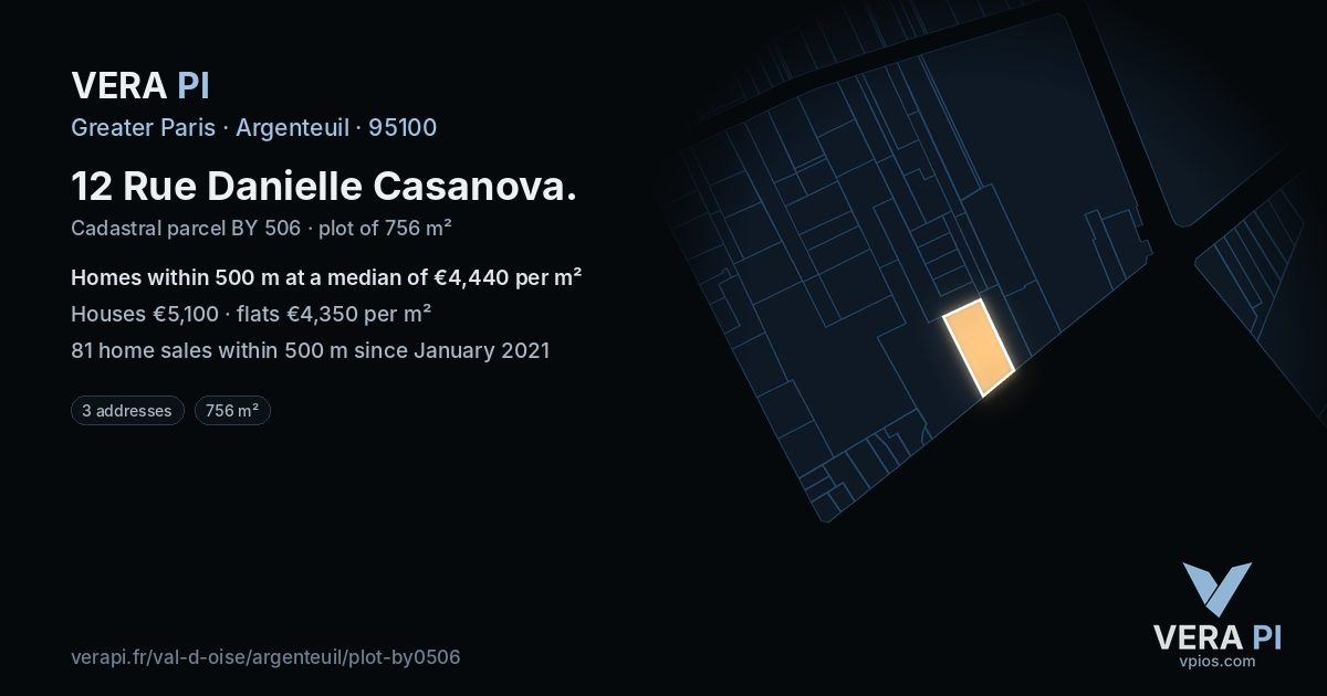 12 Rue Danielle Casanova, Argenteuil at night – the plot lit, the parcels around coloured by the prices near them