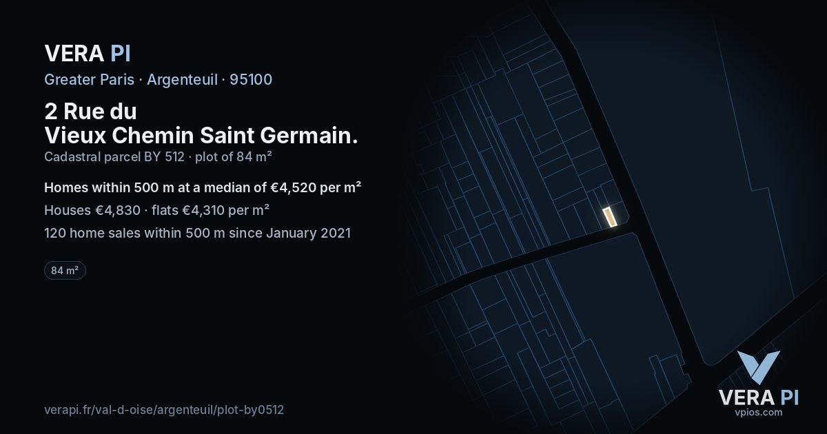 2 Rue du Vieux Chemin Saint Germain, Argenteuil at night – the plot lit, the parcels around coloured by the prices near them