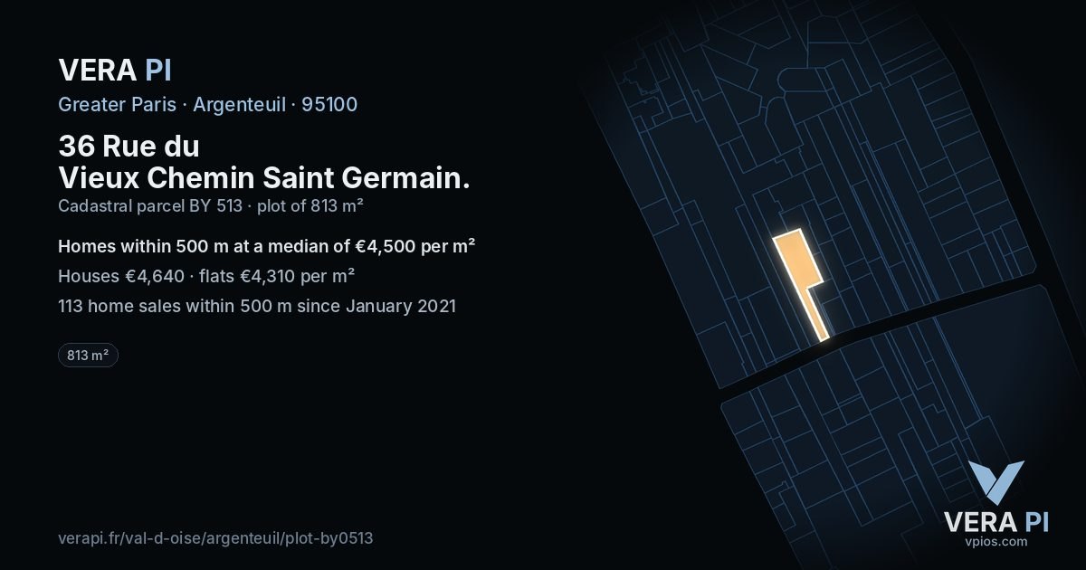36 Rue du Vieux Chemin Saint Germain, Argenteuil at night – the plot lit, the parcels around coloured by the prices near them