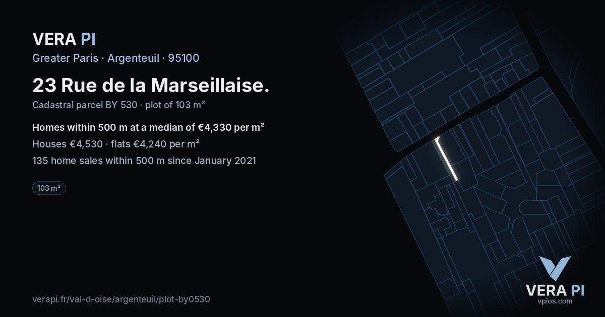 23 Rue de la Marseillaise, Argenteuil at night – the plot lit, the parcels around coloured by the prices near them