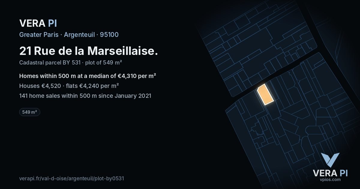 21 Rue de la Marseillaise, Argenteuil at night – the plot lit, the parcels around coloured by the prices near them