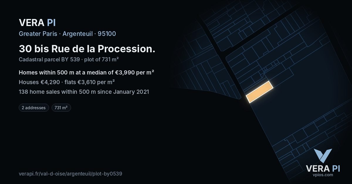 30 bis Rue de la Procession, Argenteuil at night – the plot lit, the parcels around coloured by the prices near them