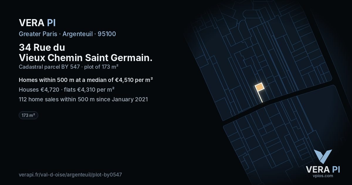 34 Rue du Vieux Chemin Saint Germain, Argenteuil at night – the plot lit, the parcels around coloured by the prices near them
