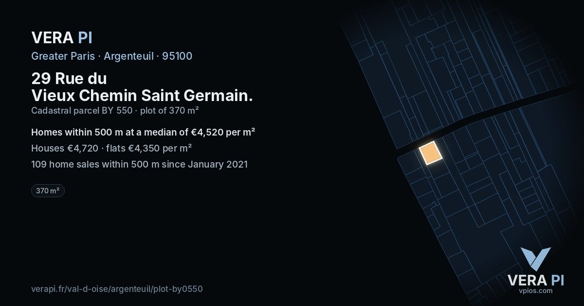 29 Rue du Vieux Chemin Saint Germain, Argenteuil at night – the plot lit, the parcels around coloured by the prices near them