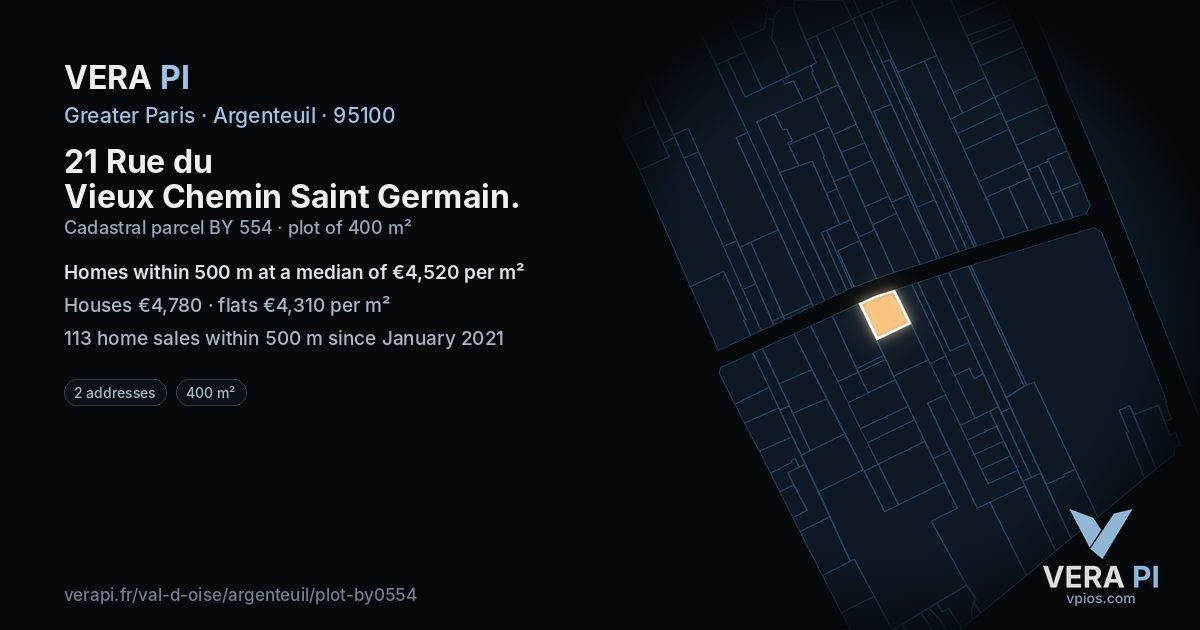 21 Rue du Vieux Chemin Saint Germain, Argenteuil at night – the plot lit, the parcels around coloured by the prices near them