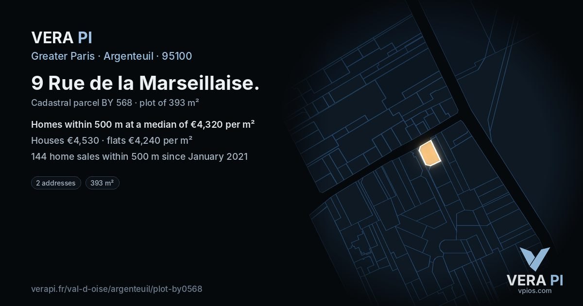 9 Rue de la Marseillaise, Argenteuil at night – the plot lit, the parcels around coloured by the prices near them