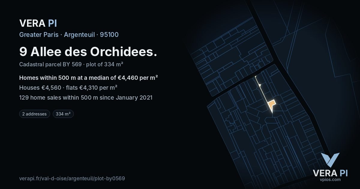 9 Allee des Orchidees, Argenteuil at night – the plot lit, the parcels around coloured by the prices near them