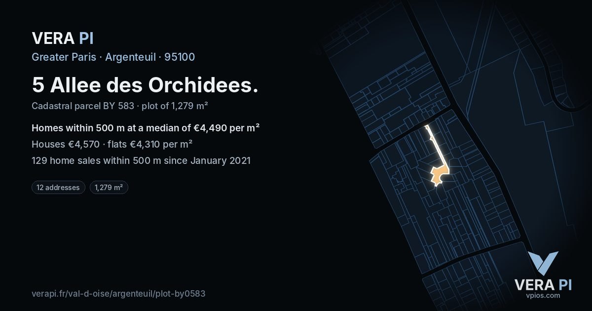 5 Allee des Orchidees, Argenteuil at night – the plot lit, the parcels around coloured by the prices near them