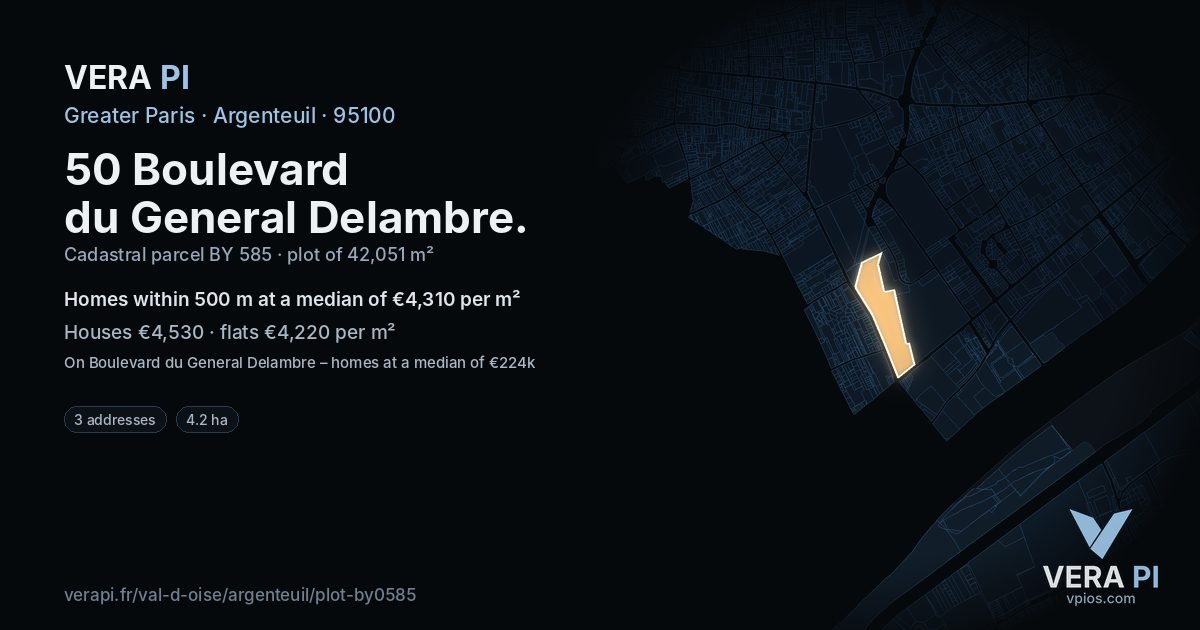 50 Boulevard du General Delambre, Argenteuil at night – the plot lit, the parcels around coloured by the prices near them