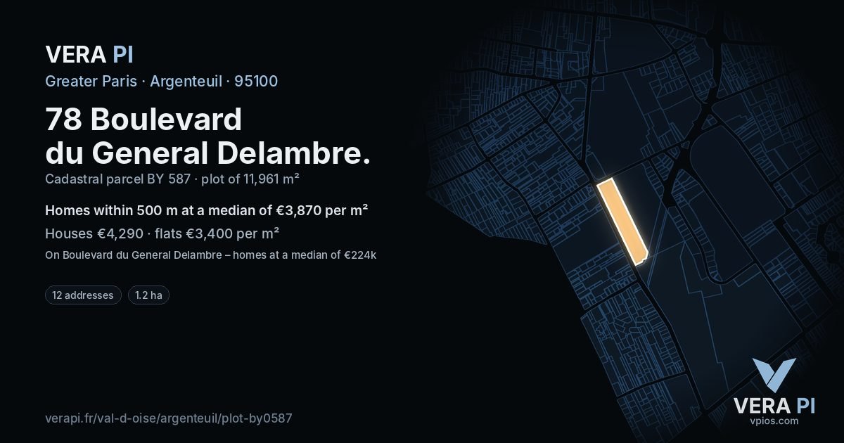 78 Boulevard du General Delambre, Argenteuil at night – the plot lit, the parcels around coloured by the prices near them