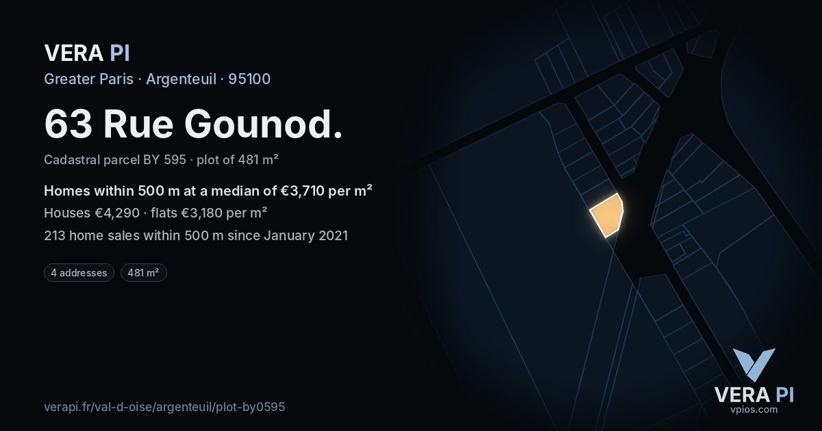 63 Rue Gounod, Argenteuil at night – the plot lit, the parcels around coloured by the prices near them