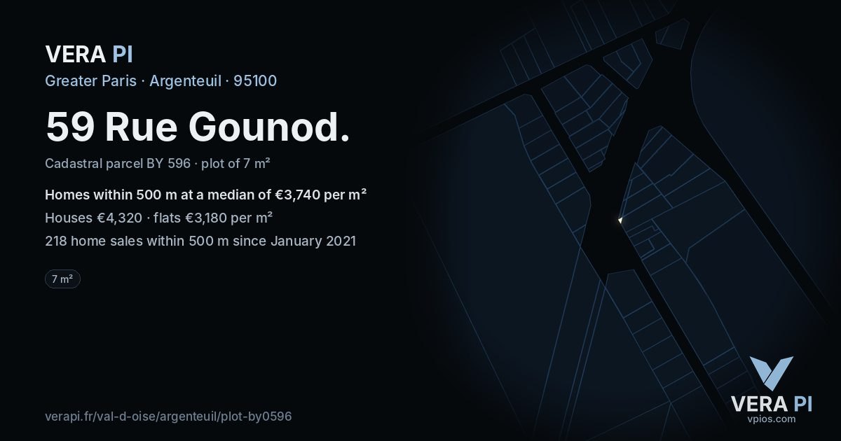 59 Rue Gounod, Argenteuil at night – the plot lit, the parcels around coloured by the prices near them