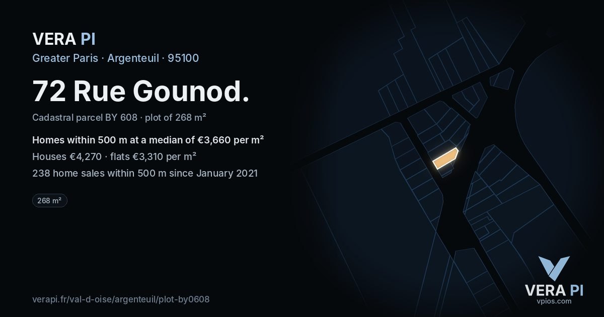 72 Rue Gounod, Argenteuil at night – the plot lit, the parcels around coloured by the prices near them